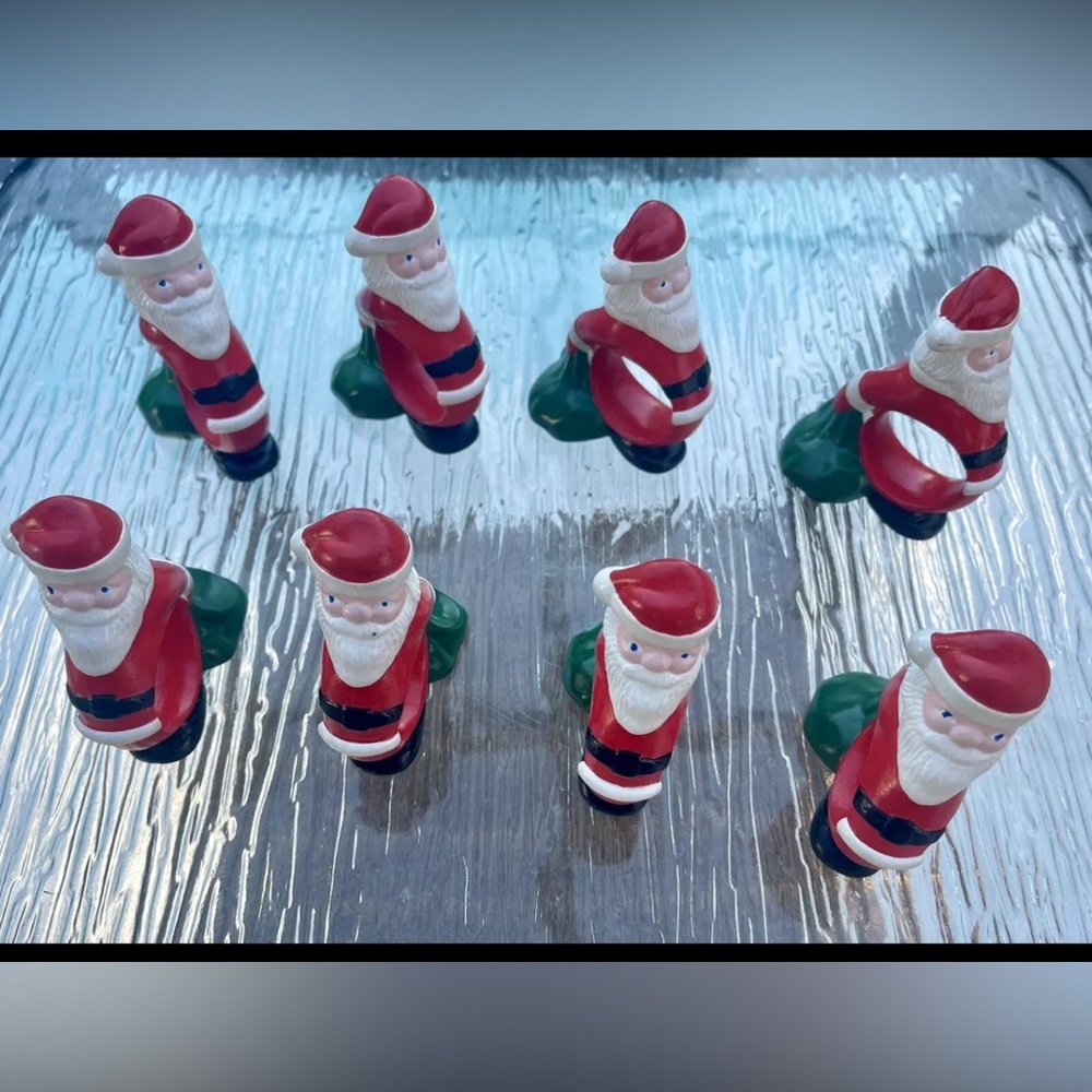 Vintage Set Lot of 8 Santa Claus Ceramic Chalkware Christmas Napkin Ring Holders